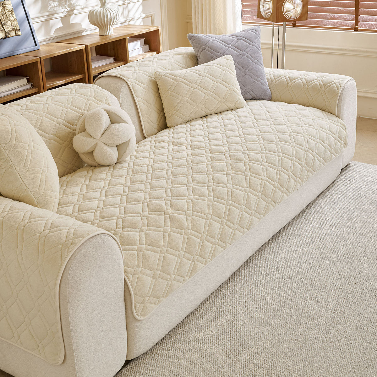 Plush Geometric Quilted Sofa Cover, Non-Slip Padded Couch Protector for Pets & Kids