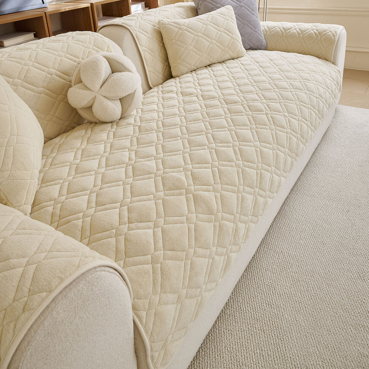 Plush Geometric Quilted Sofa Cover, Non-Slip Padded Couch Protector for Pets & Kids