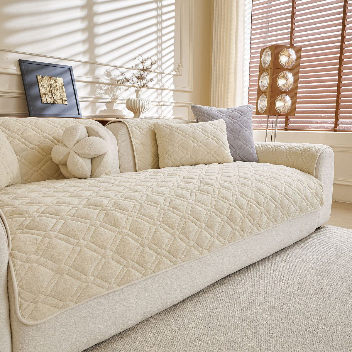 Plush Geometric Quilted Sofa Cover, Non-Slip Padded Couch Protector for Pets & Kids