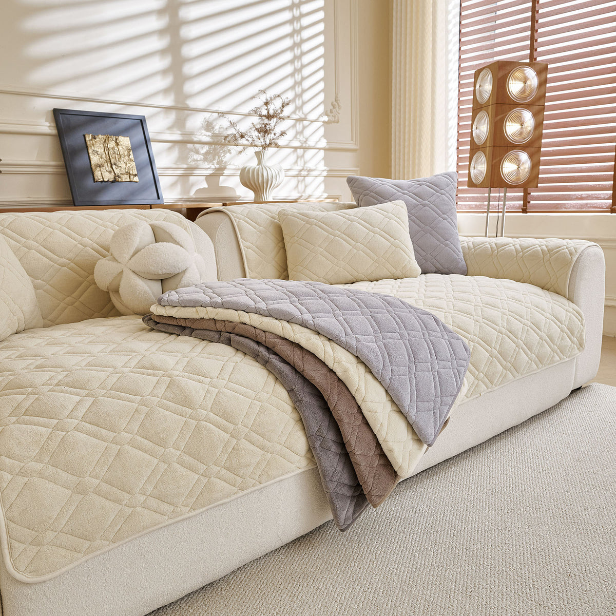 Plush Geometric Quilted Sofa Cover, Non-Slip Padded Couch Protector for Pets & Kids