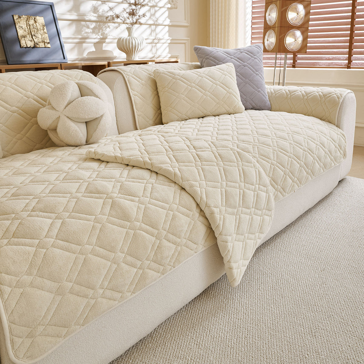 Plush Geometric Quilted Sofa Cover, Non-Slip Padded Couch Protector for Pets & Kids