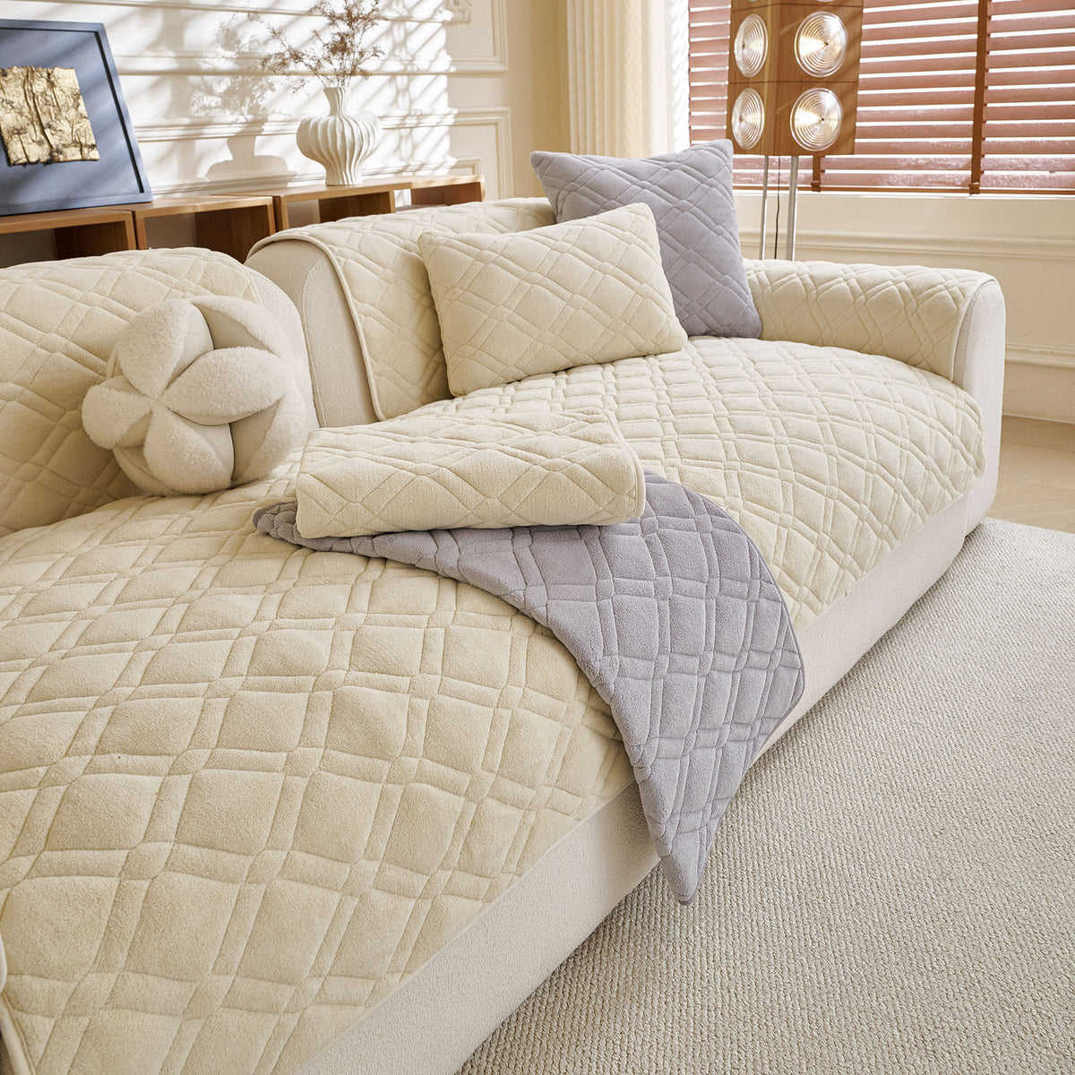 Plush Geometric Quilted Sofa Cover, Non-Slip Padded Couch Protector for Pets & Kids