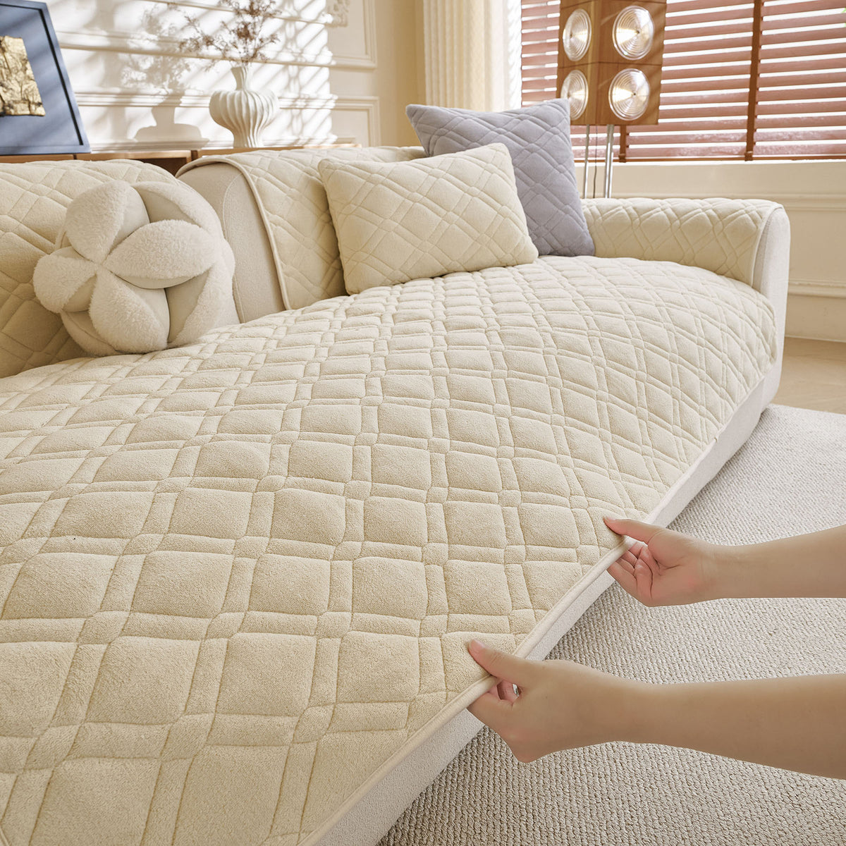 Plush Geometric Quilted Sofa Cover, Non-Slip Padded Couch Protector for Pets & Kids