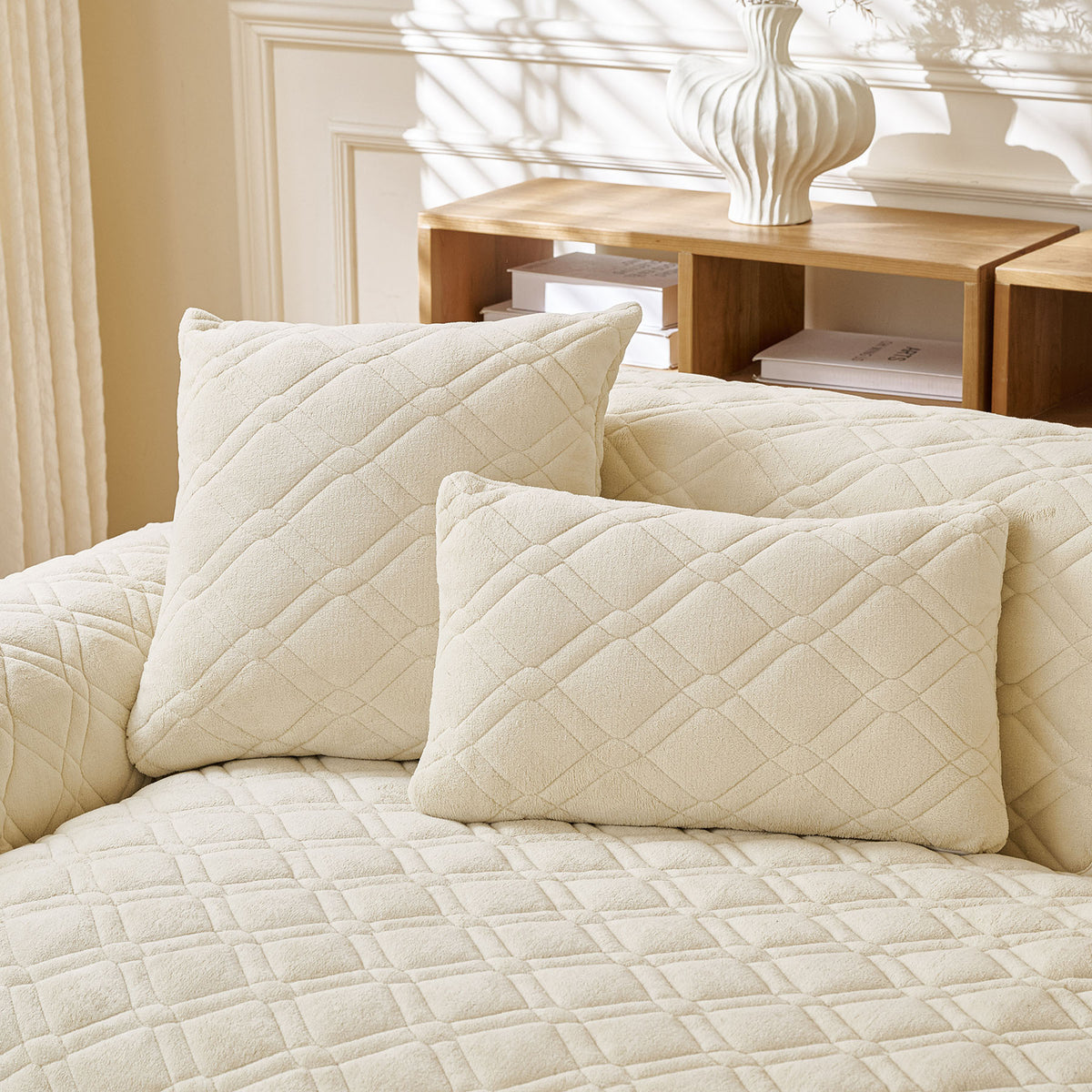 Plush Geometric Quilted Sofa Cover, Non-Slip Padded Couch Protector for Pets & Kids