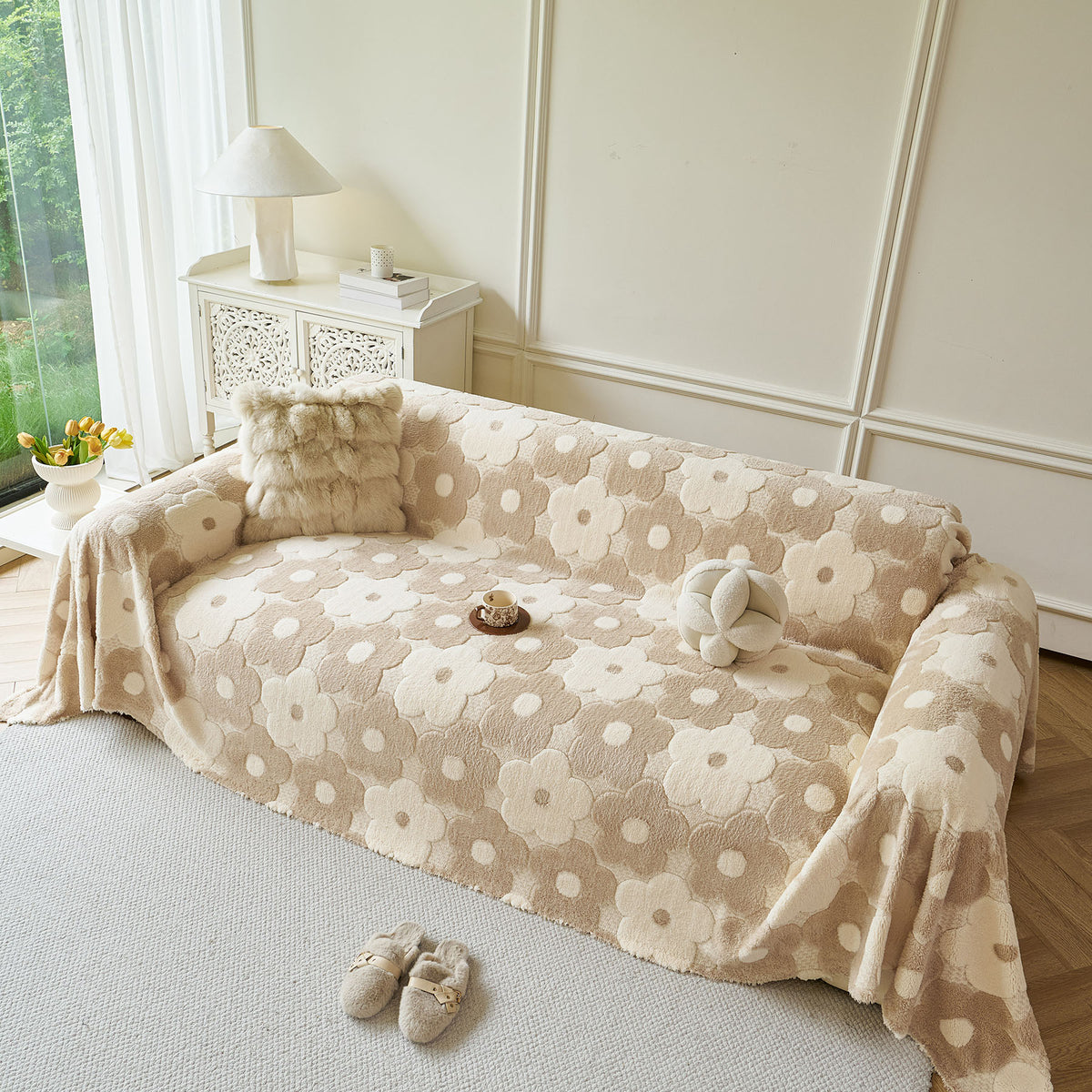Plush Floral Sofa Throw Cover, Thick Soft Couch Protector Throw Couch for Dogs, Kids
