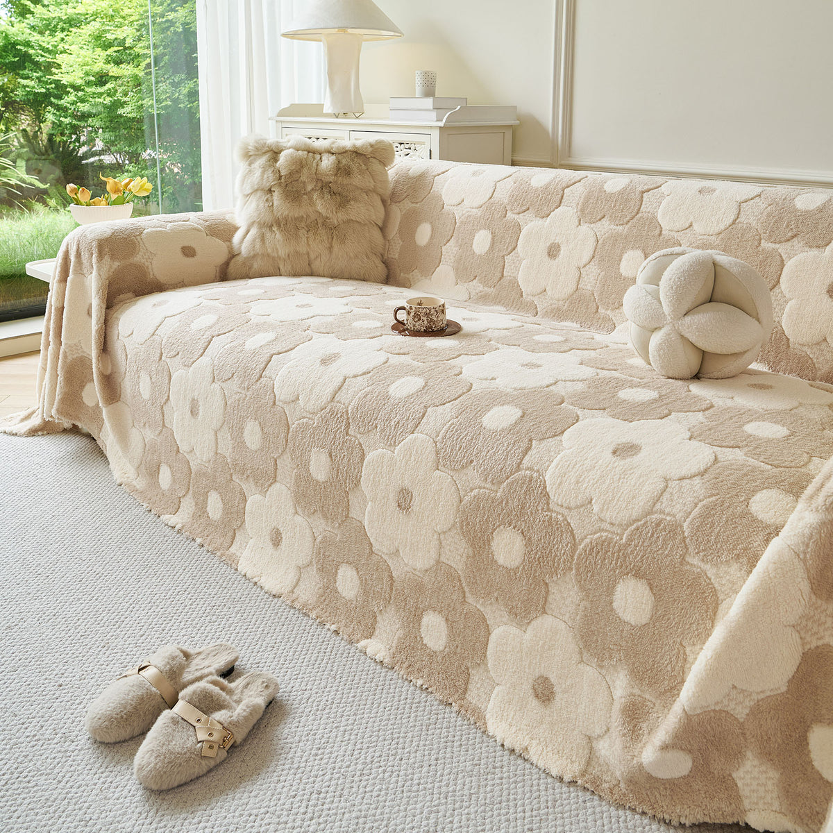 Plush Floral Sofa Throw Cover, Thick Soft Couch Protector Throw Couch for Dogs, Kids