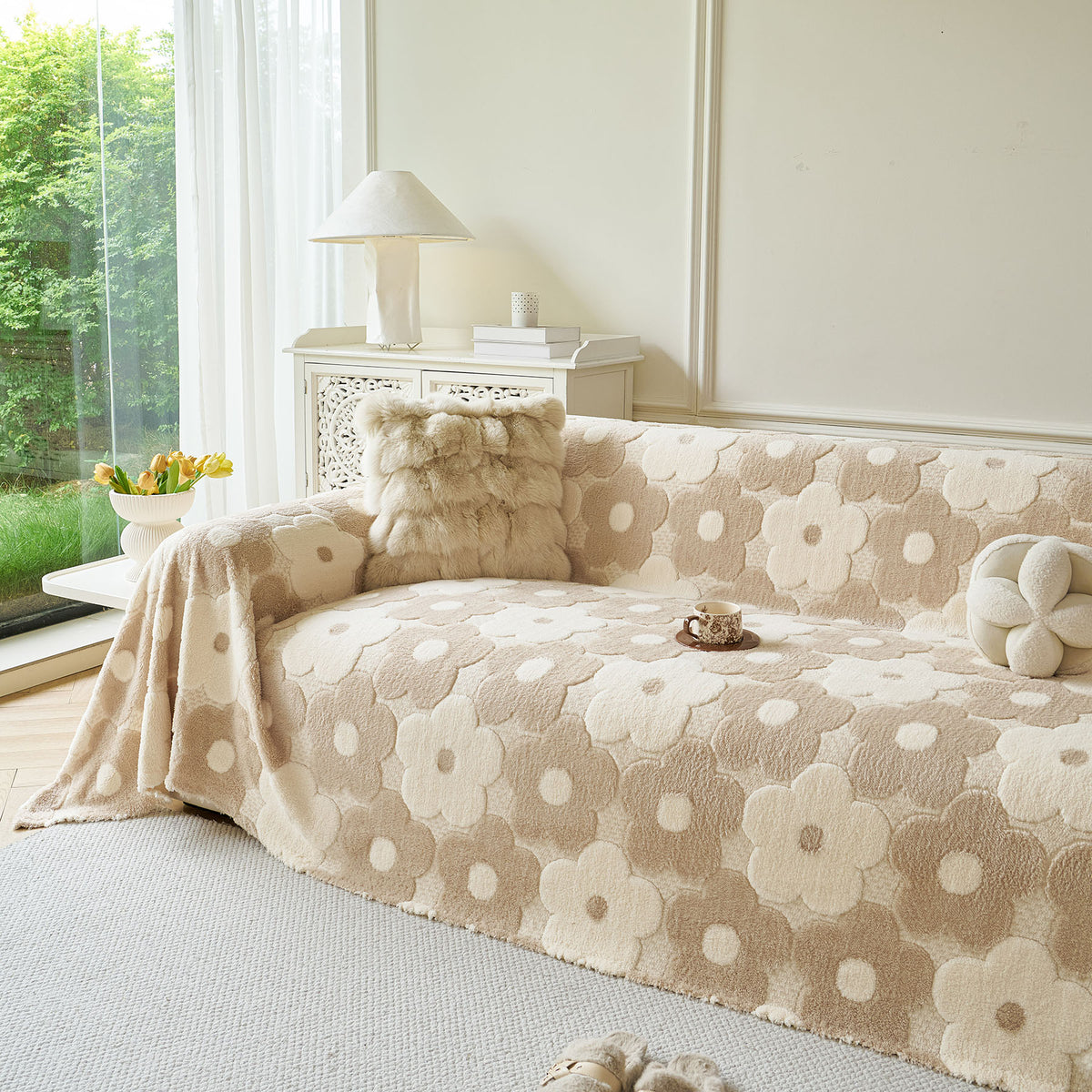 Plush Floral Sofa Throw Cover, Thick Soft Couch Protector Throw Couch for Dogs, Kids