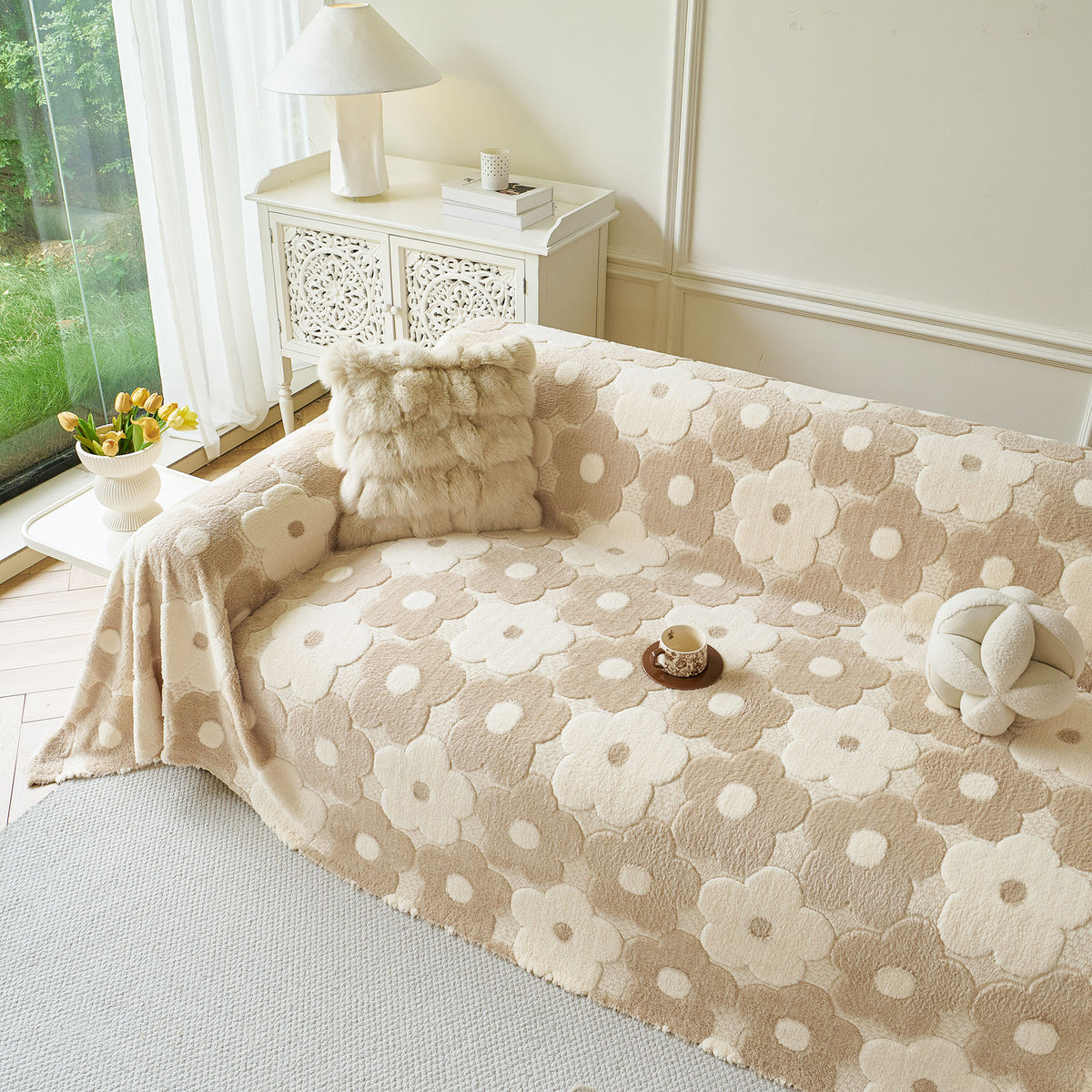 Plush Floral Sofa Throw Cover, Thick Soft Couch Protector Throw Couch for Dogs, Kids