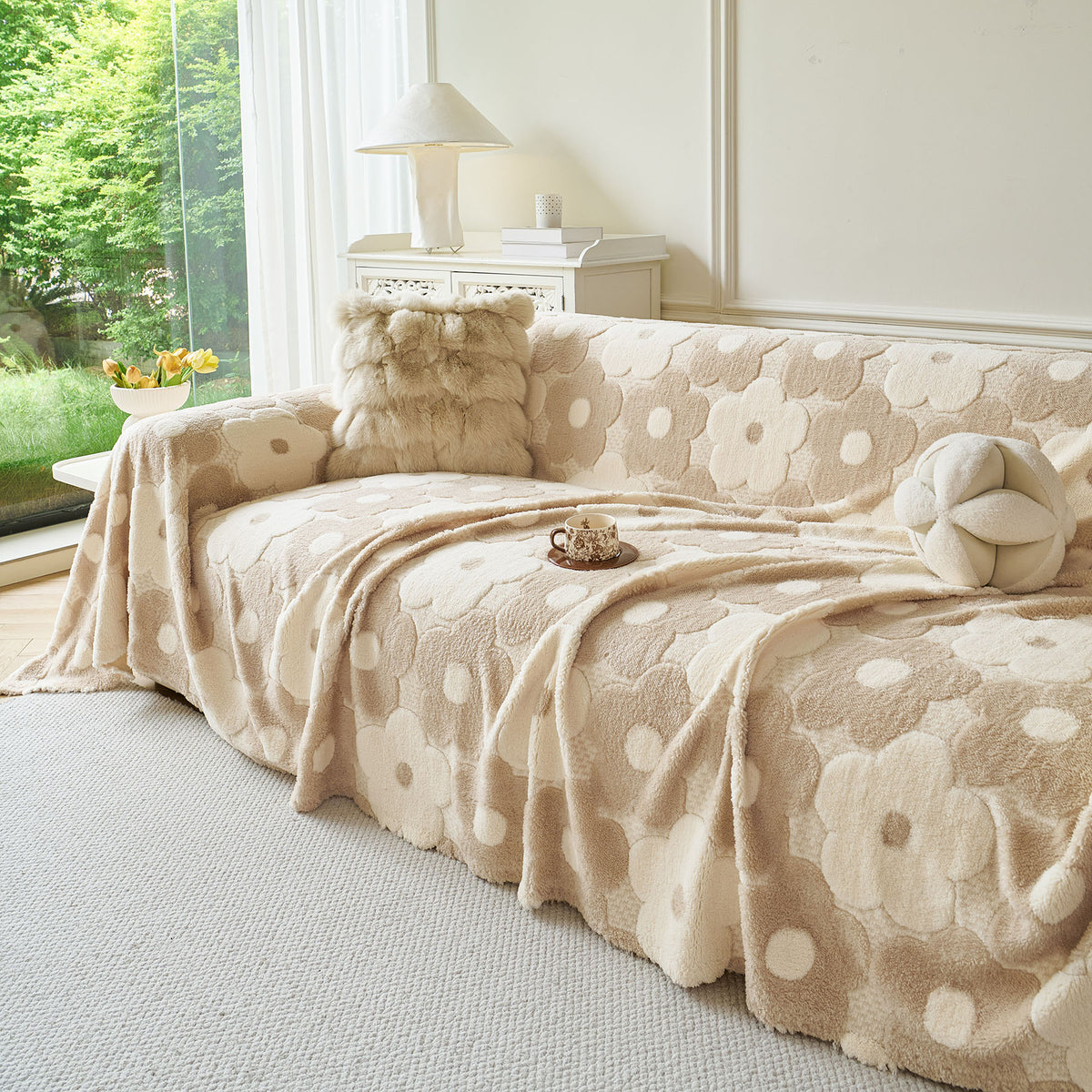 Plush Floral Sofa Throw Cover, Thick Soft Couch Protector Throw Couch for Dogs, Kids