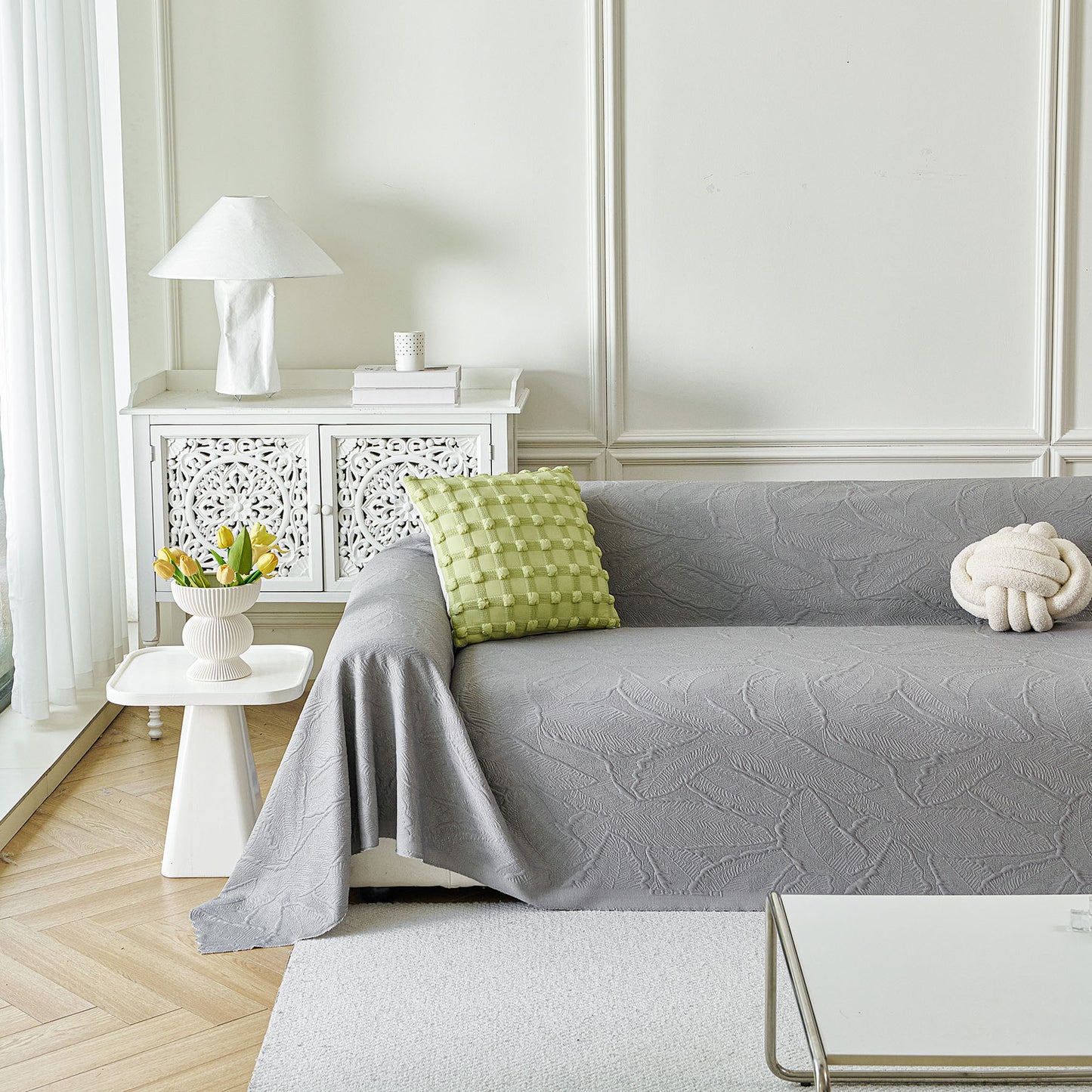 Embossed Leaf Pattern Sofa Cover Blanket for Couch, Soft Cooling Textured Couch Cover