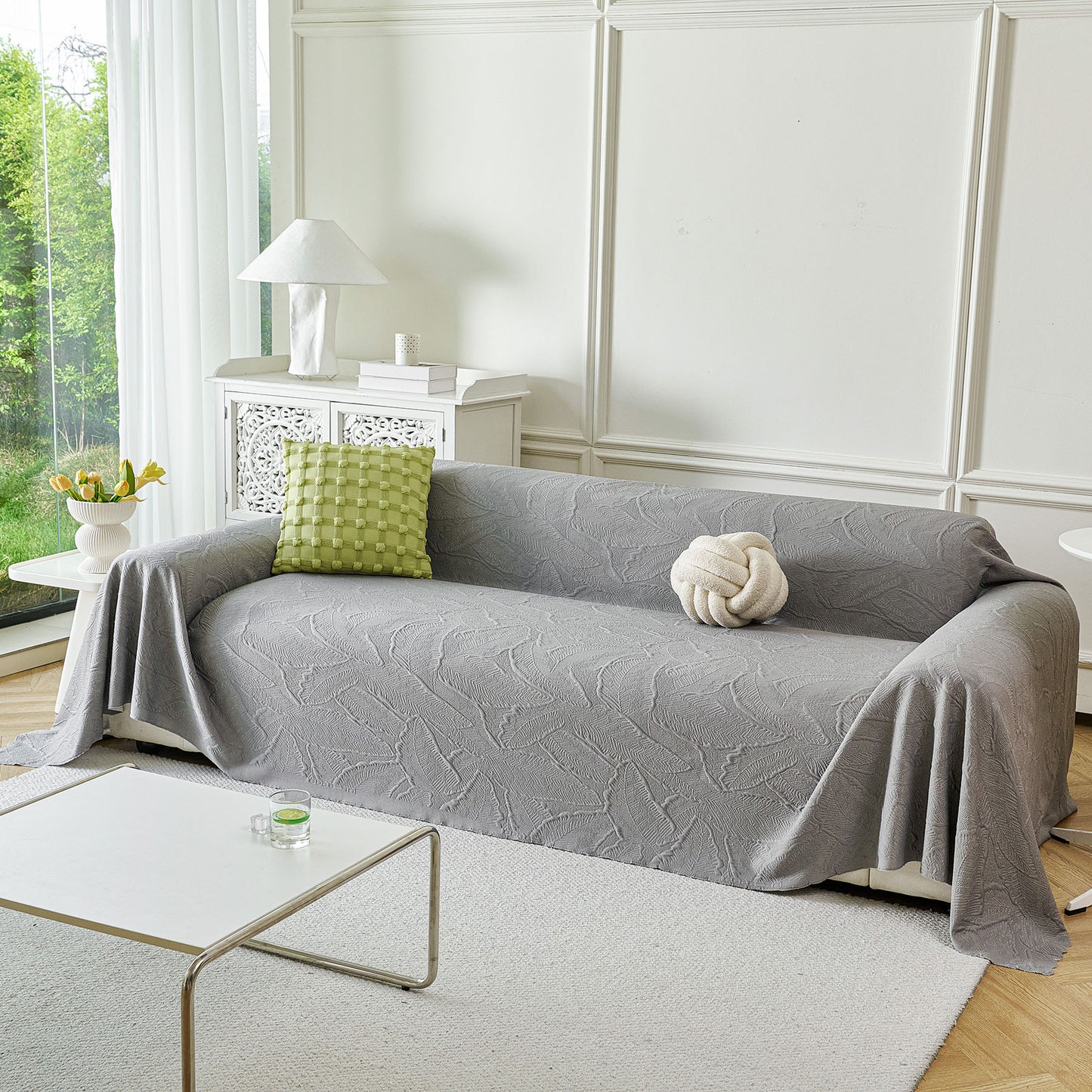 Embossed Leaf Pattern Sofa Cover Blanket for Couch, Soft Cooling Textured Couch Cover