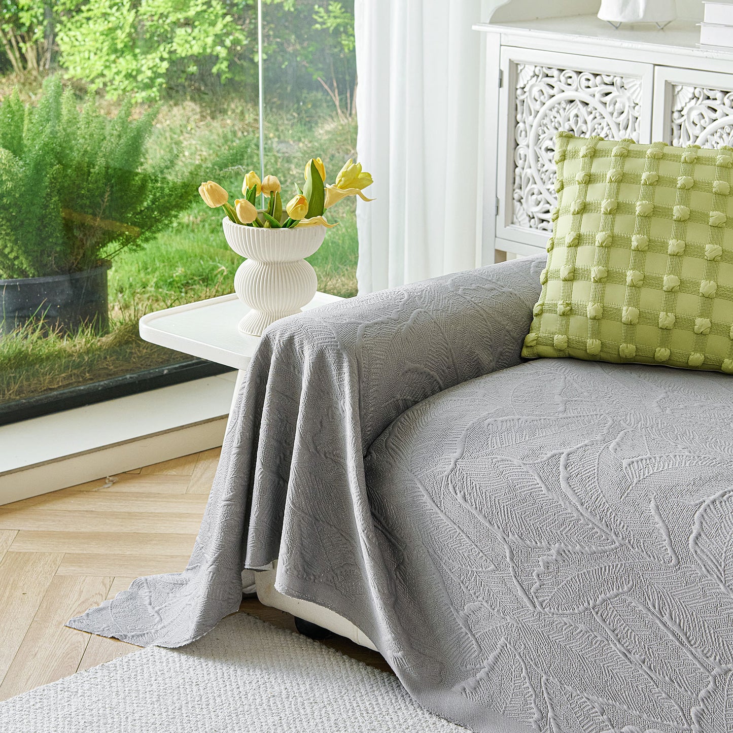 Embossed Leaf Pattern Sofa Cover Blanket for Couch, Soft Cooling Textured Couch Cover