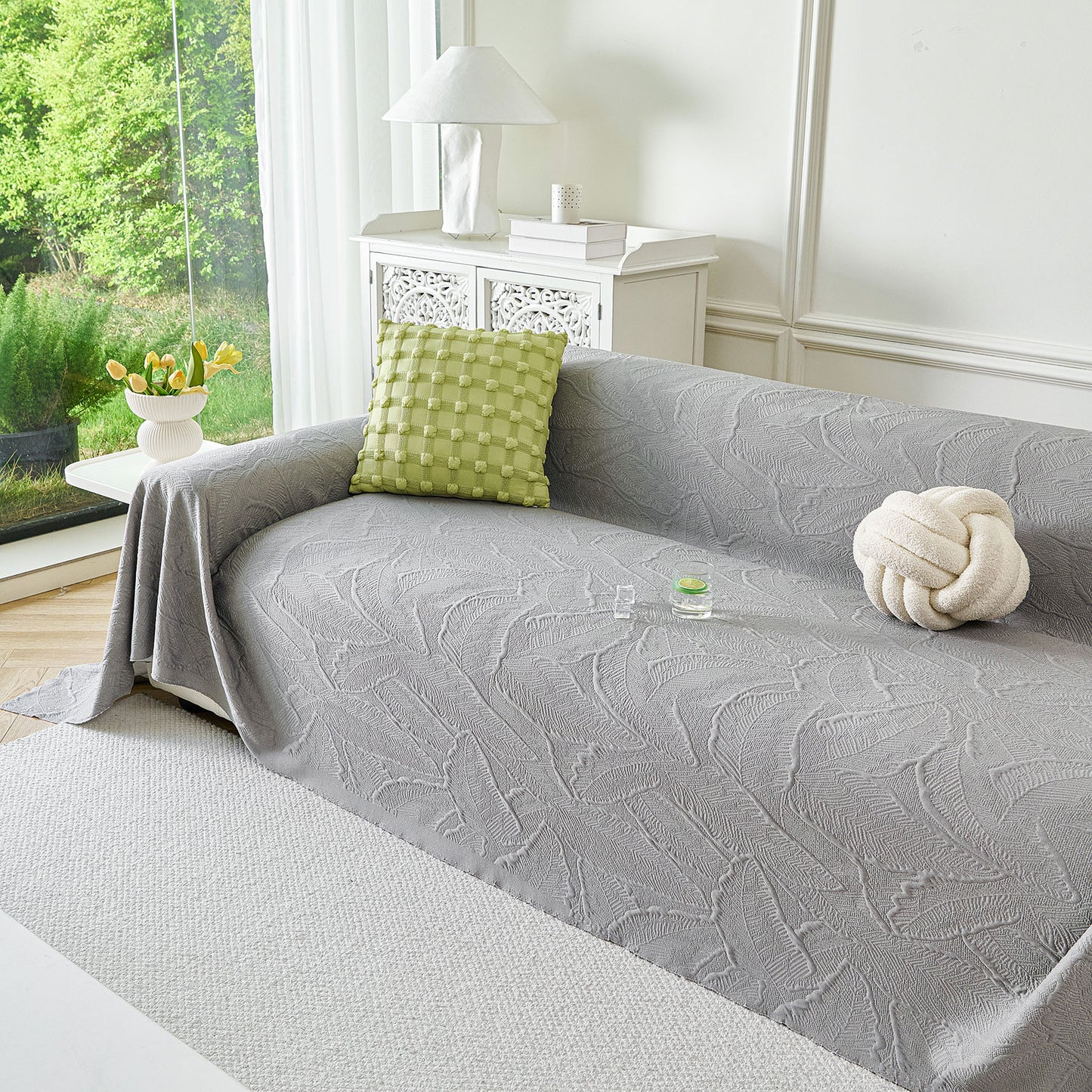 Embossed Leaf Pattern Sofa Cover Blanket for Couch, Soft Cooling Textured Couch Cover