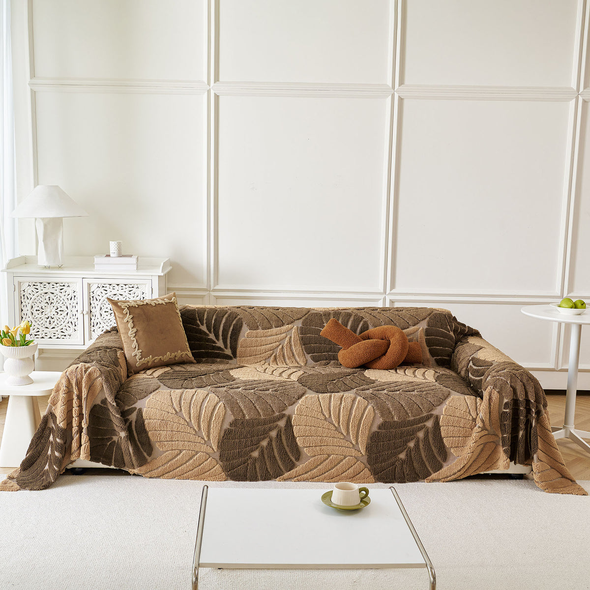 Plush Fleece Leaf Pattern Sofa Throw Cover, Soft Couch Protector Couch Cover Blanket