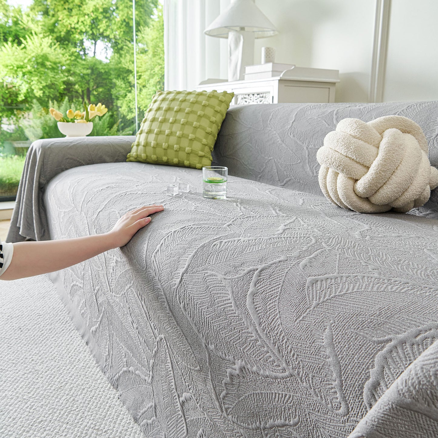 Embossed Leaf Pattern Sofa Cover Blanket for Couch, Soft Cooling Textured Couch Cover