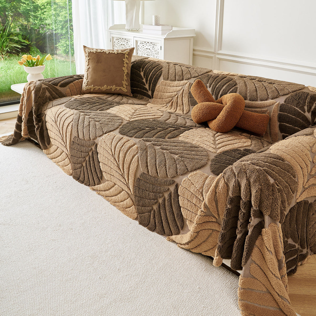 Plush Fleece Leaf Pattern Sofa Throw Cover, Soft Couch Protector Couch Cover Blanket