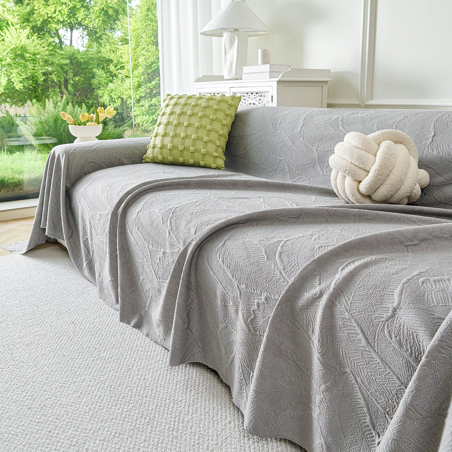 Embossed Leaf Pattern Sofa Cover Blanket for Couch, Soft Cooling Textured Couch Cover