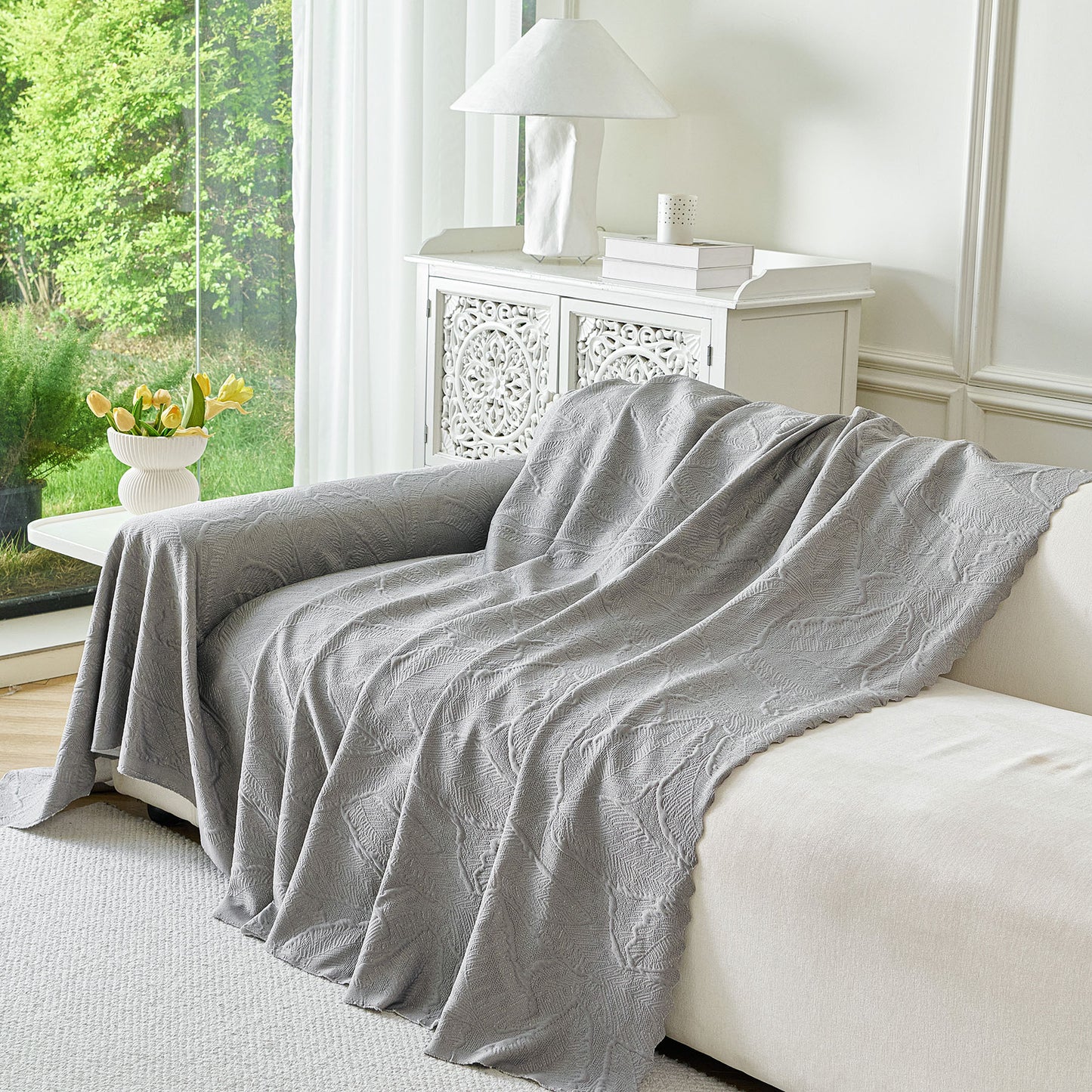 Embossed Leaf Pattern Sofa Cover Blanket for Couch, Soft Cooling Textured Couch Cover