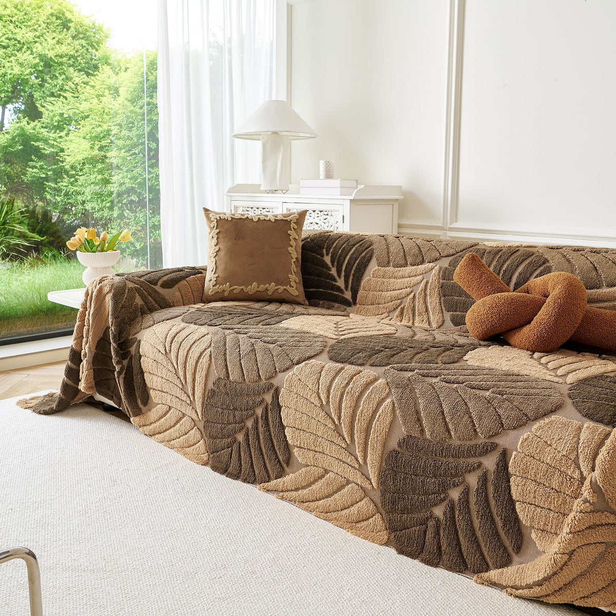 Plush Fleece Leaf Pattern Sofa Throw Cover, Soft Couch Protector Couch Cover Blanket