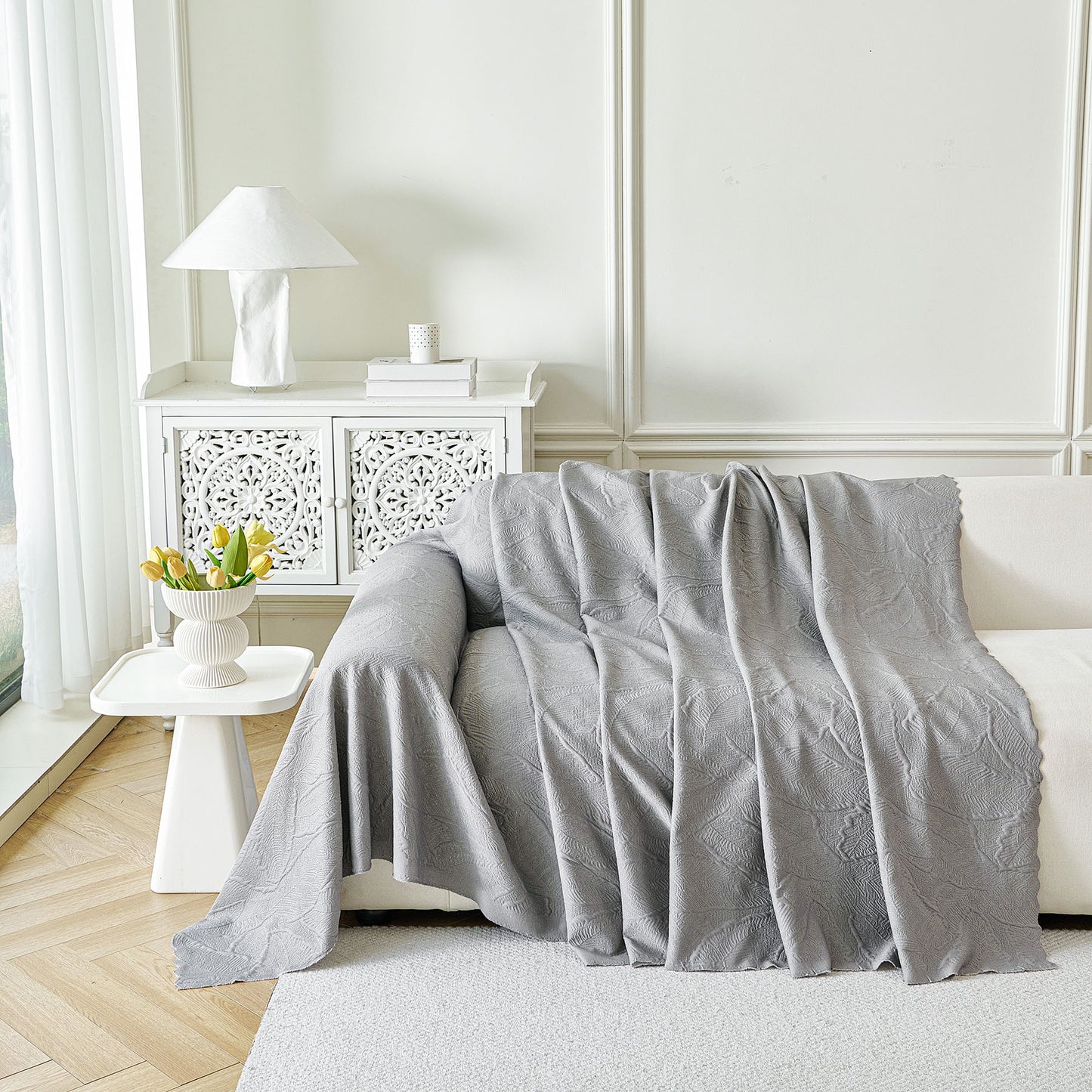 Embossed Leaf Pattern Sofa Cover Blanket for Couch, Soft Cooling Textured Couch Cover