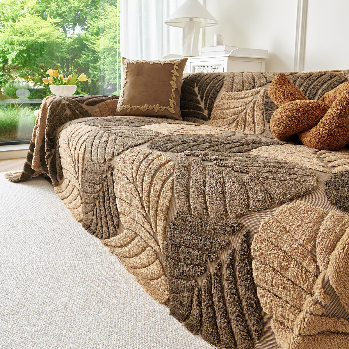 Plush Fleece Leaf Pattern Sofa Throw Cover, Soft Couch Protector Couch Cover Blanket
