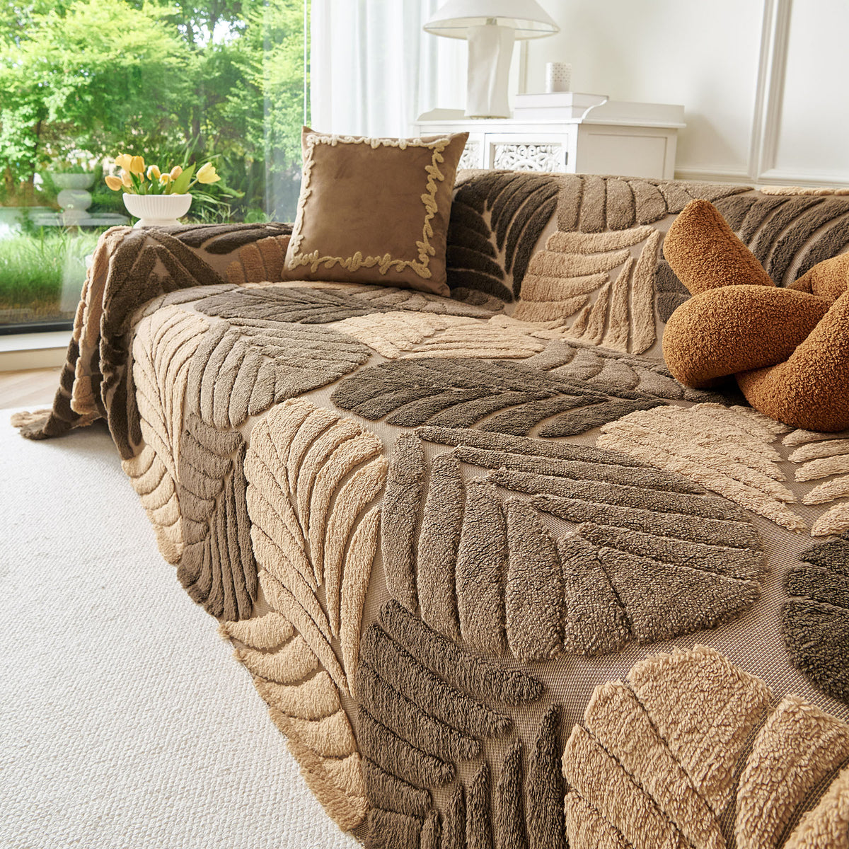 Plush Fleece Leaf Pattern Sofa Throw Cover, Soft Couch Protector Couch Cover Blanket