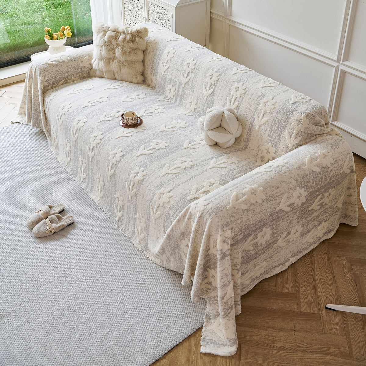 Floral Plush Fleece Sofa Throw Cover, Soft Warm Couch Protector Slip Cover for Couch