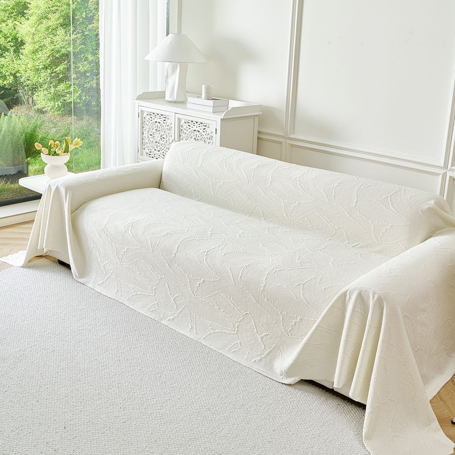 Embossed Leaf Pattern Sofa Cover Blanket for Couch, Soft Cooling Textured Couch Cover