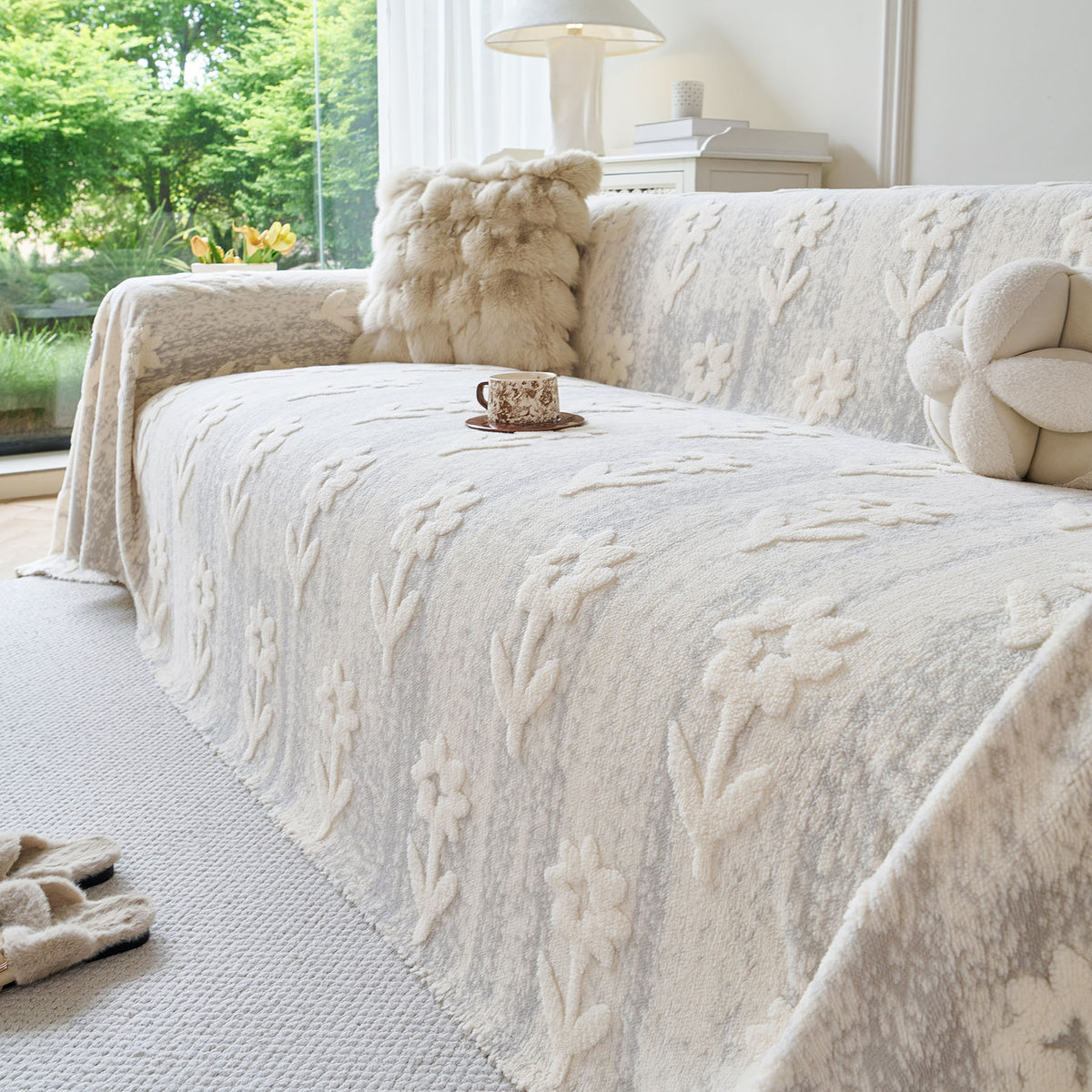 Floral Plush Fleece Sofa Throw Cover, Soft Warm Couch Protector Slip Cover for Couch