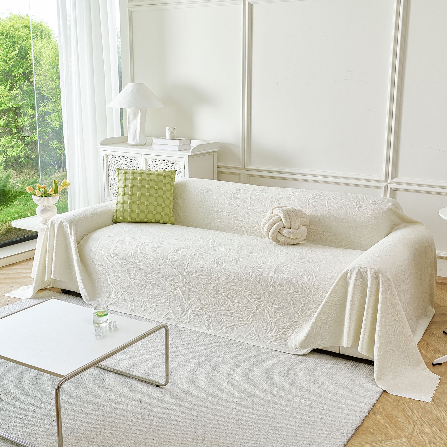 Embossed Leaf Pattern Sofa Cover Blanket for Couch, Soft Cooling Textured Couch Cover