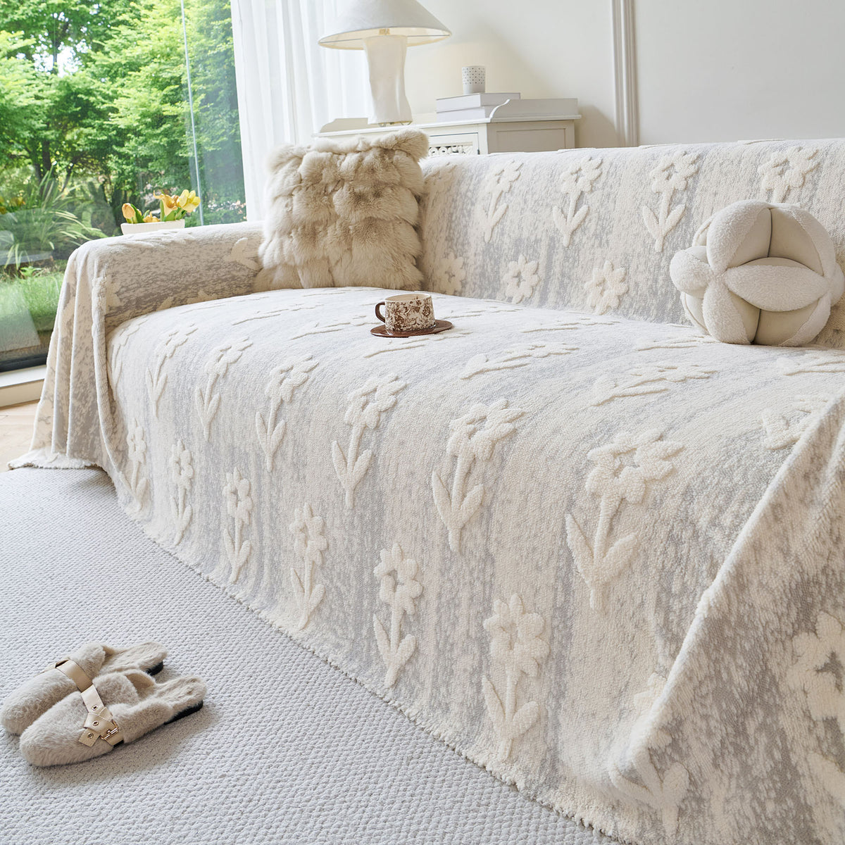 Floral Plush Fleece Sofa Throw Cover, Soft Warm Couch Protector Slip Cover for Couch