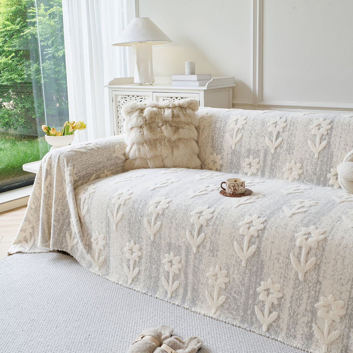 Floral Plush Fleece Sofa Throw Cover, Soft Warm Couch Protector Slip Cover for Couch