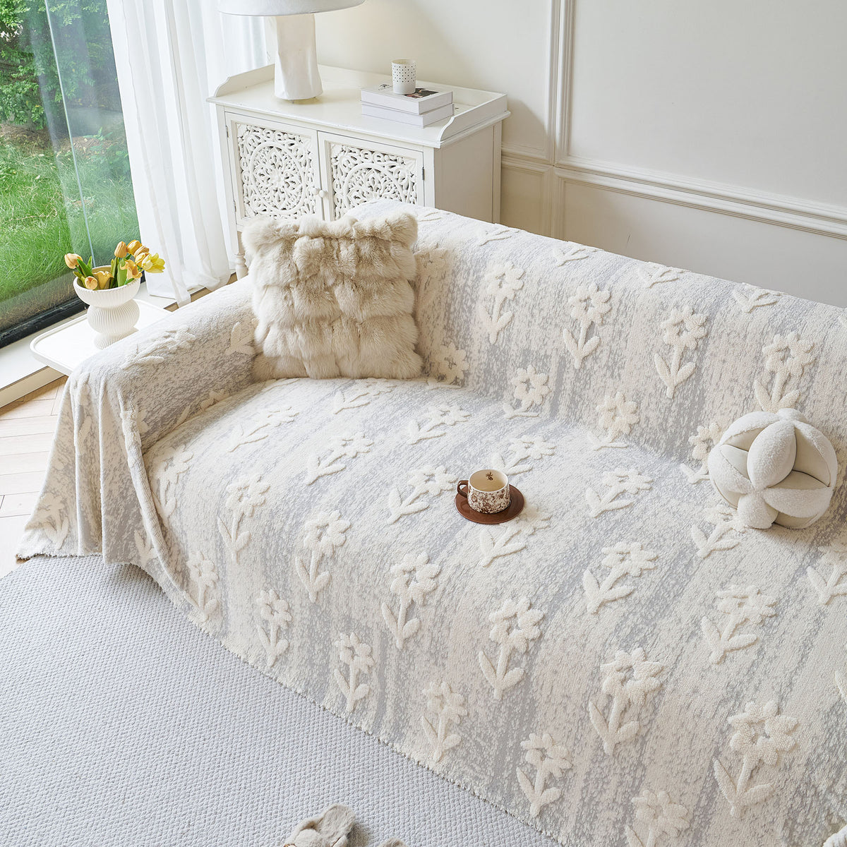 Floral Plush Fleece Sofa Throw Cover, Soft Warm Couch Protector Slip Cover for Couch