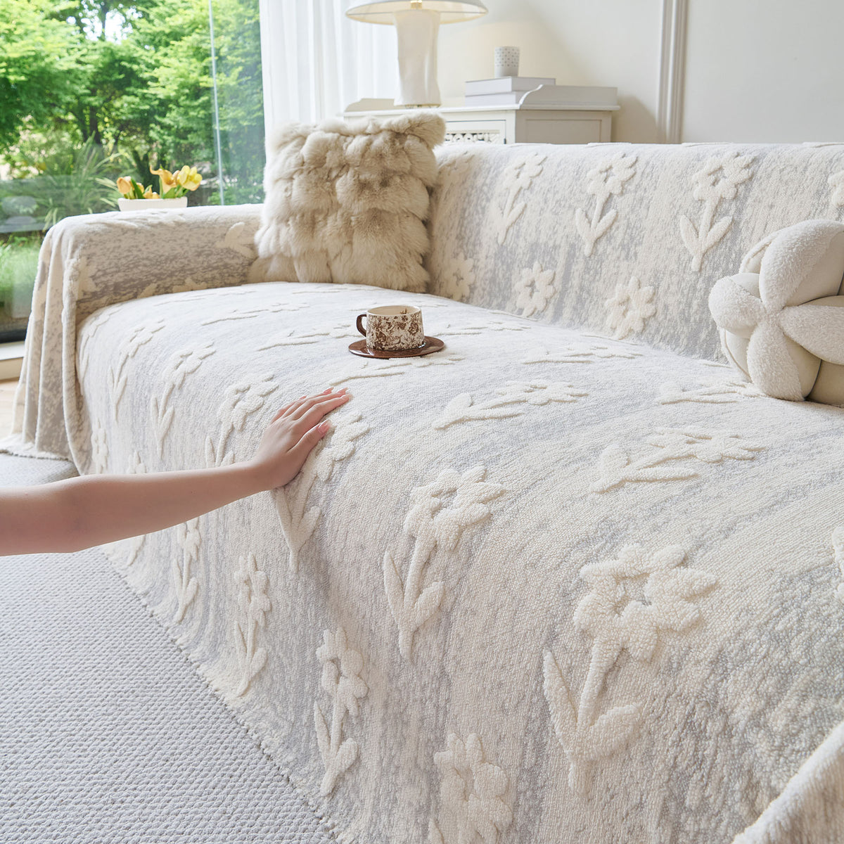 Floral Plush Fleece Sofa Throw Cover, Soft Warm Couch Protector Slip Cover for Couch