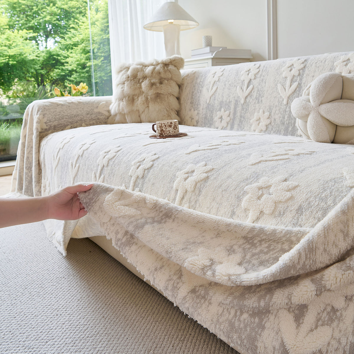Floral Plush Fleece Sofa Throw Cover, Soft Warm Couch Protector Slip Cover for Couch