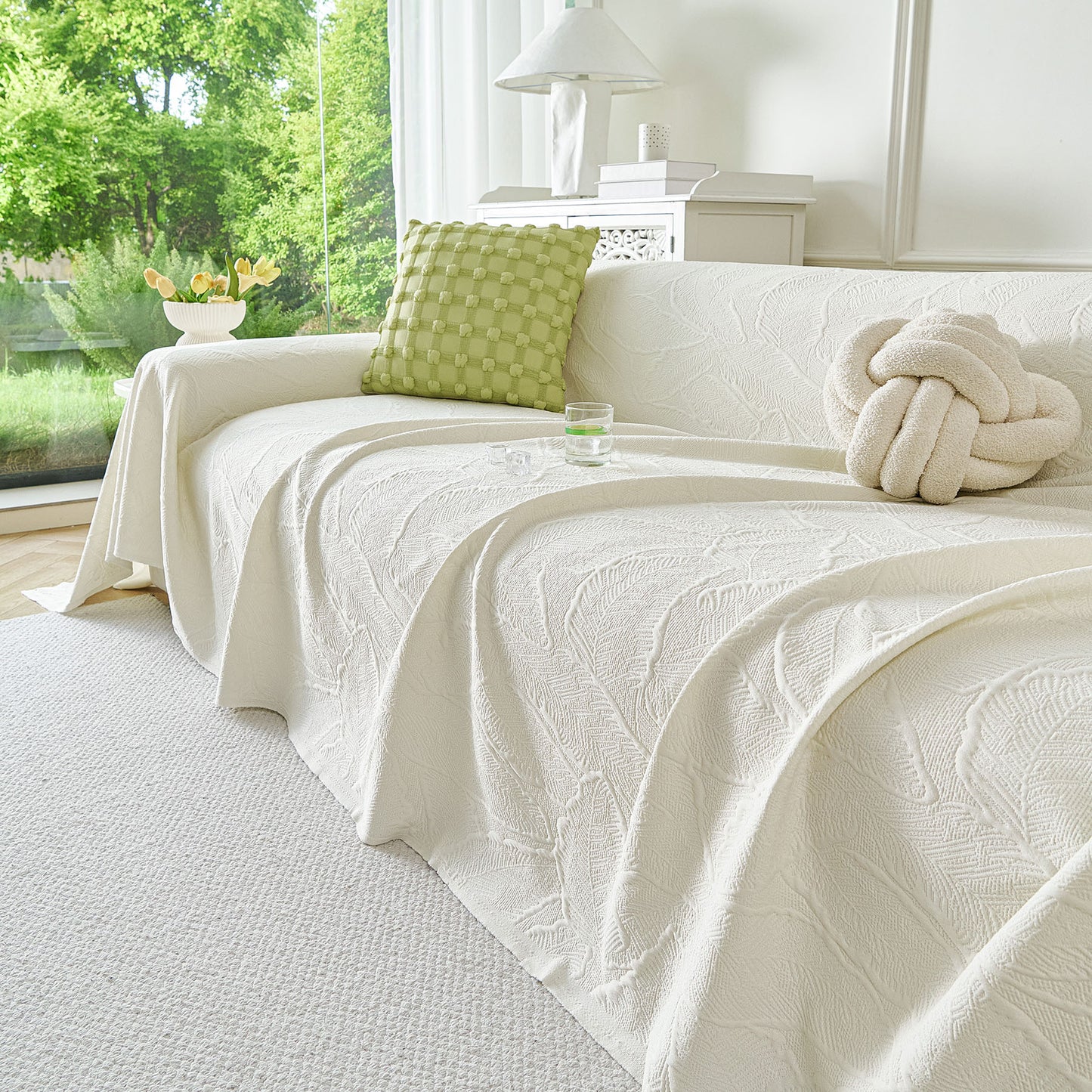 Embossed Leaf Pattern Sofa Cover Blanket for Couch, Soft Cooling Textured Couch Cover