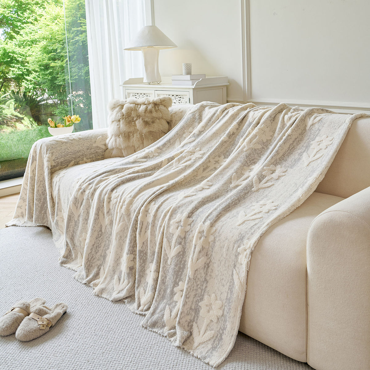 Floral Plush Fleece Sofa Throw Cover, Soft Warm Couch Protector Slip Cover for Couch