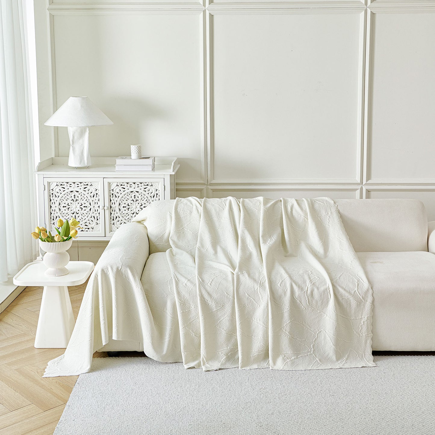 Embossed Leaf Pattern Sofa Cover Blanket for Couch, Soft Cooling Textured Couch Cover