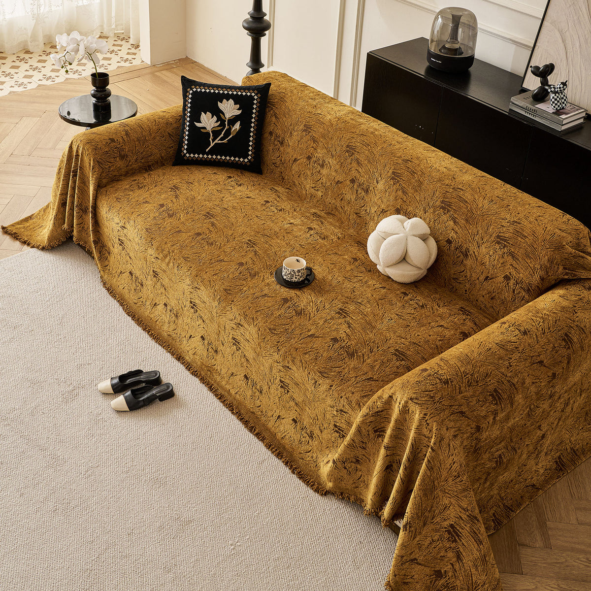 Abstract Feather Chenille Sofa Throw Cover, Decorative Washable Durable Couch Cover