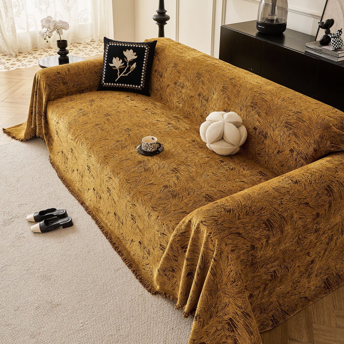 Abstract Feather Chenille Sofa Throw Cover, Decorative Washable Durable Couch Cover
