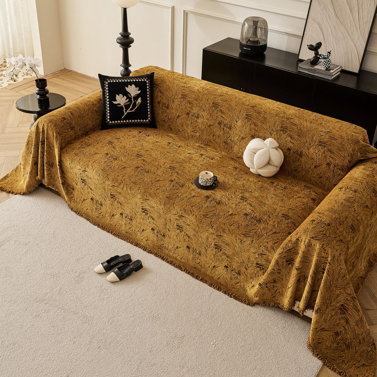 Abstract Feather Chenille Sofa Throw Cover, Decorative Washable Durable Couch Cover