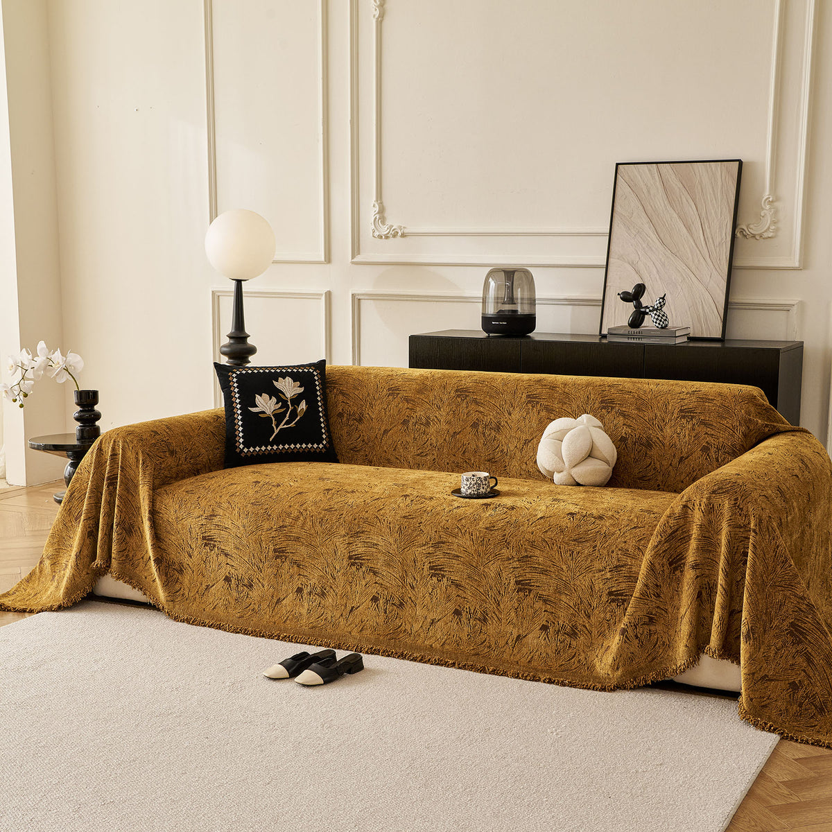 Abstract Feather Chenille Sofa Throw Cover, Decorative Washable Durable Couch Cover