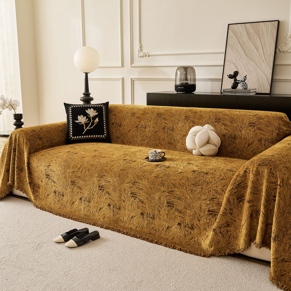 Abstract Feather Chenille Sofa Throw Cover, Decorative Washable Durable Couch Cover
