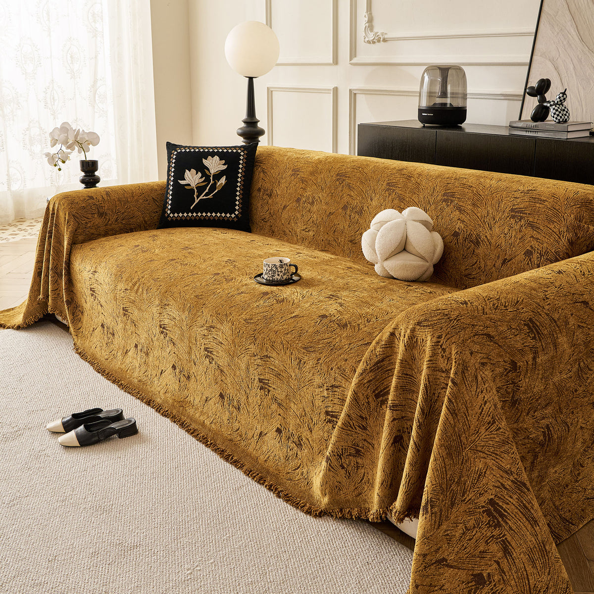 Abstract Feather Chenille Sofa Throw Cover, Decorative Washable Durable Couch Cover