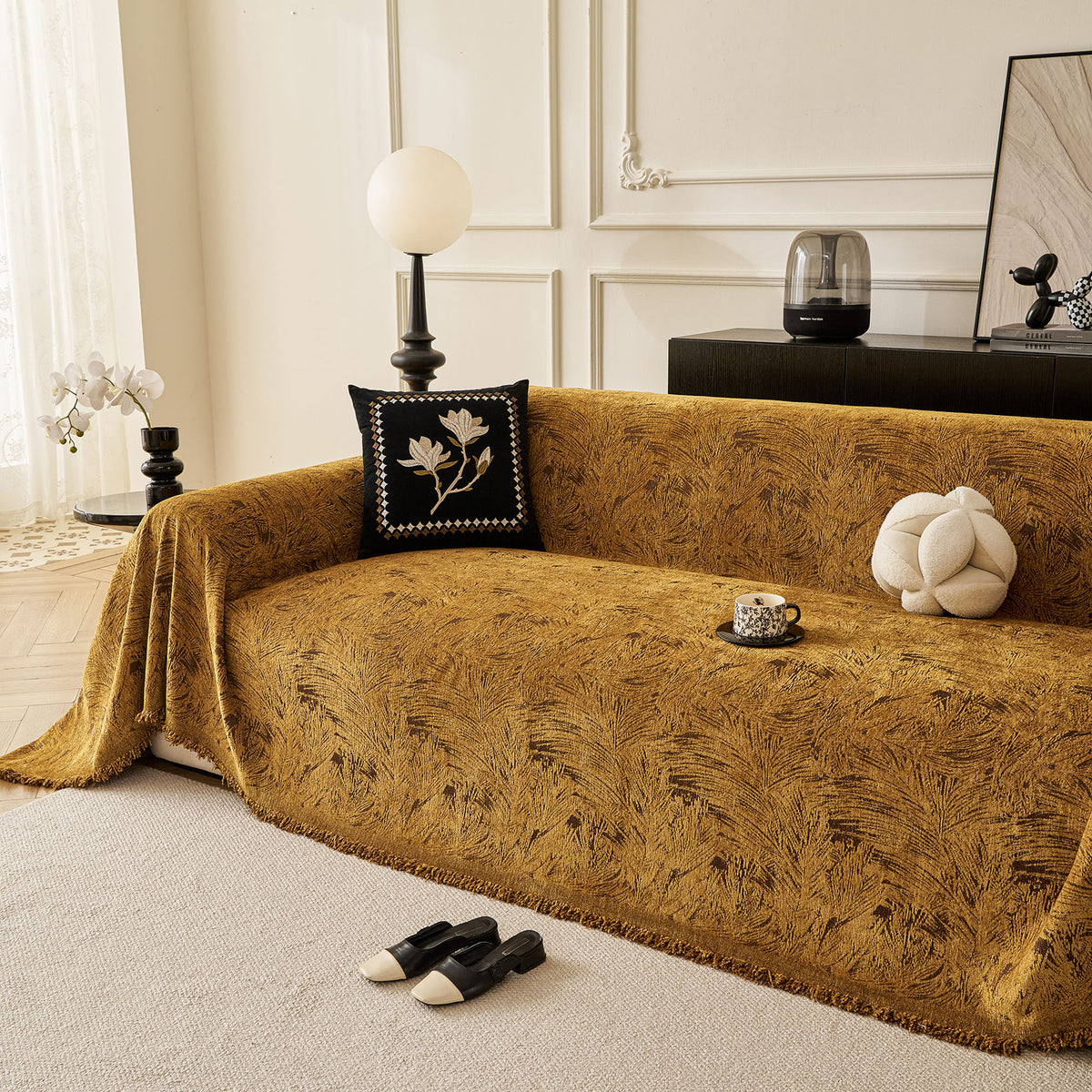 Abstract Feather Chenille Sofa Throw Cover, Decorative Washable Durable Couch Cover
