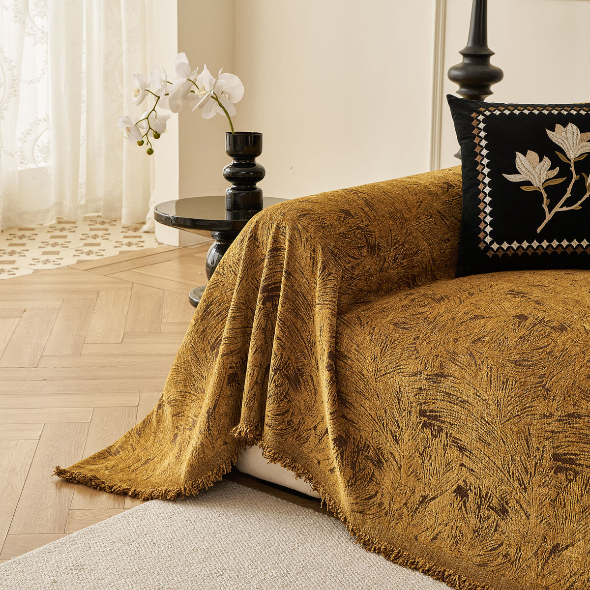 Abstract Feather Chenille Sofa Throw Cover, Decorative Washable Durable Couch Cover