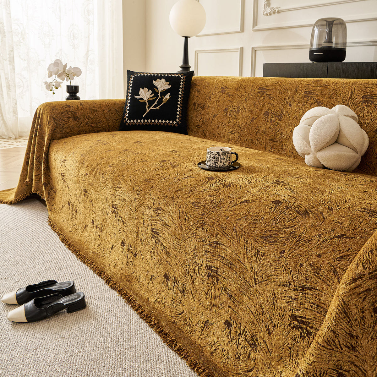 Abstract Feather Chenille Sofa Throw Cover, Decorative Washable Durable Couch Cover