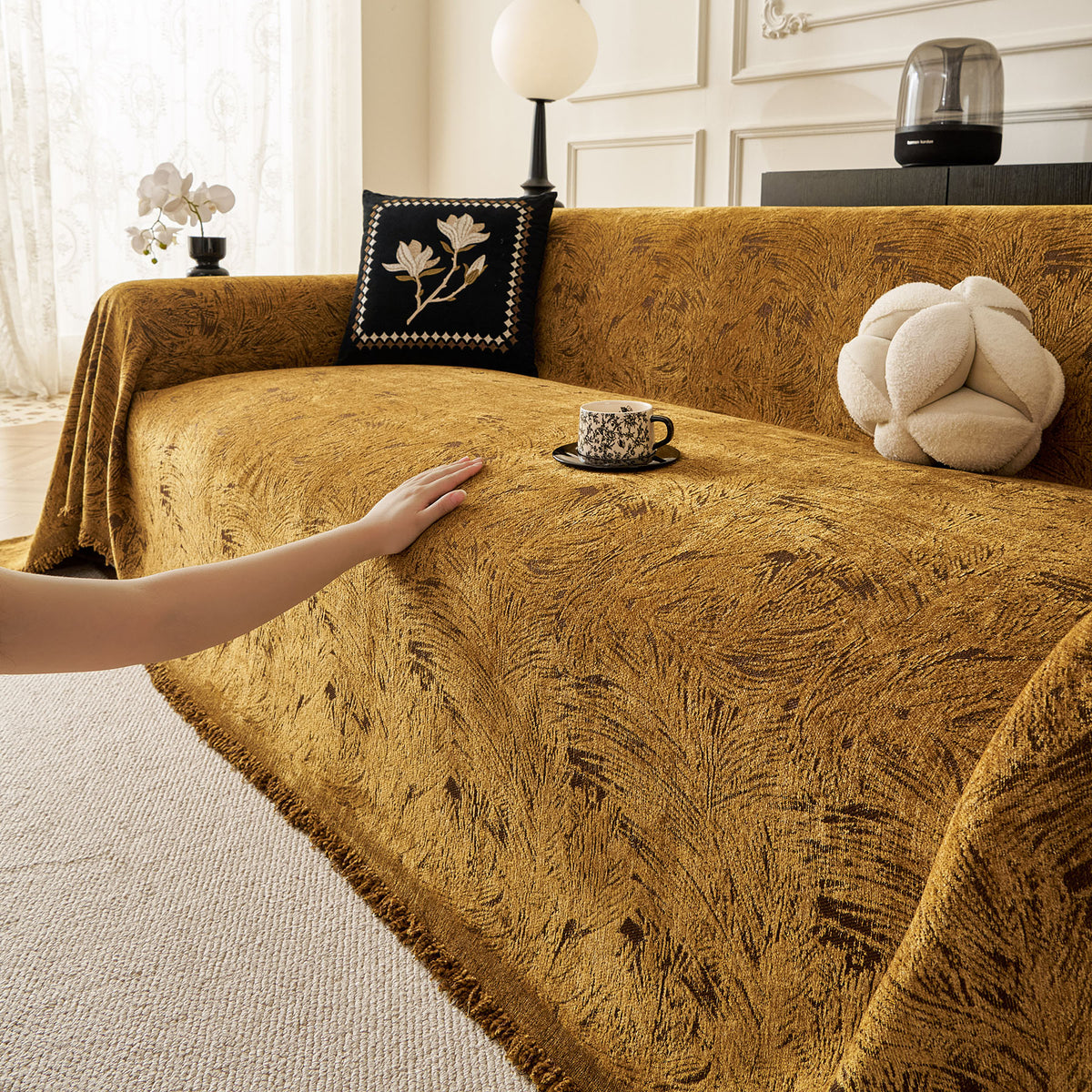 Abstract Feather Chenille Sofa Throw Cover, Decorative Washable Durable Couch Cover