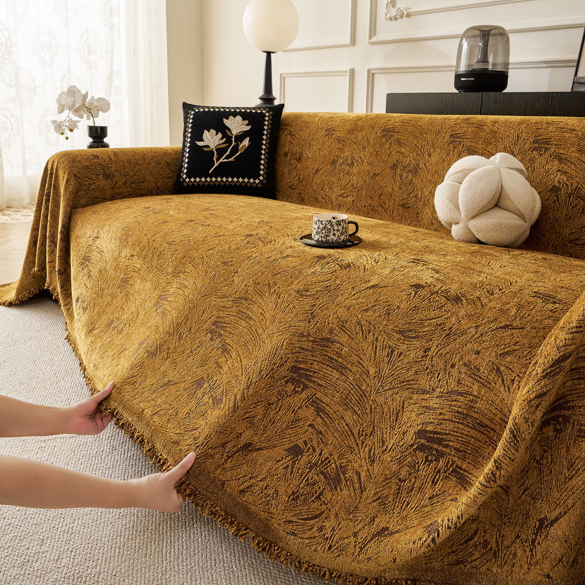 Abstract Feather Chenille Sofa Throw Cover, Decorative Washable Durable Couch Cover