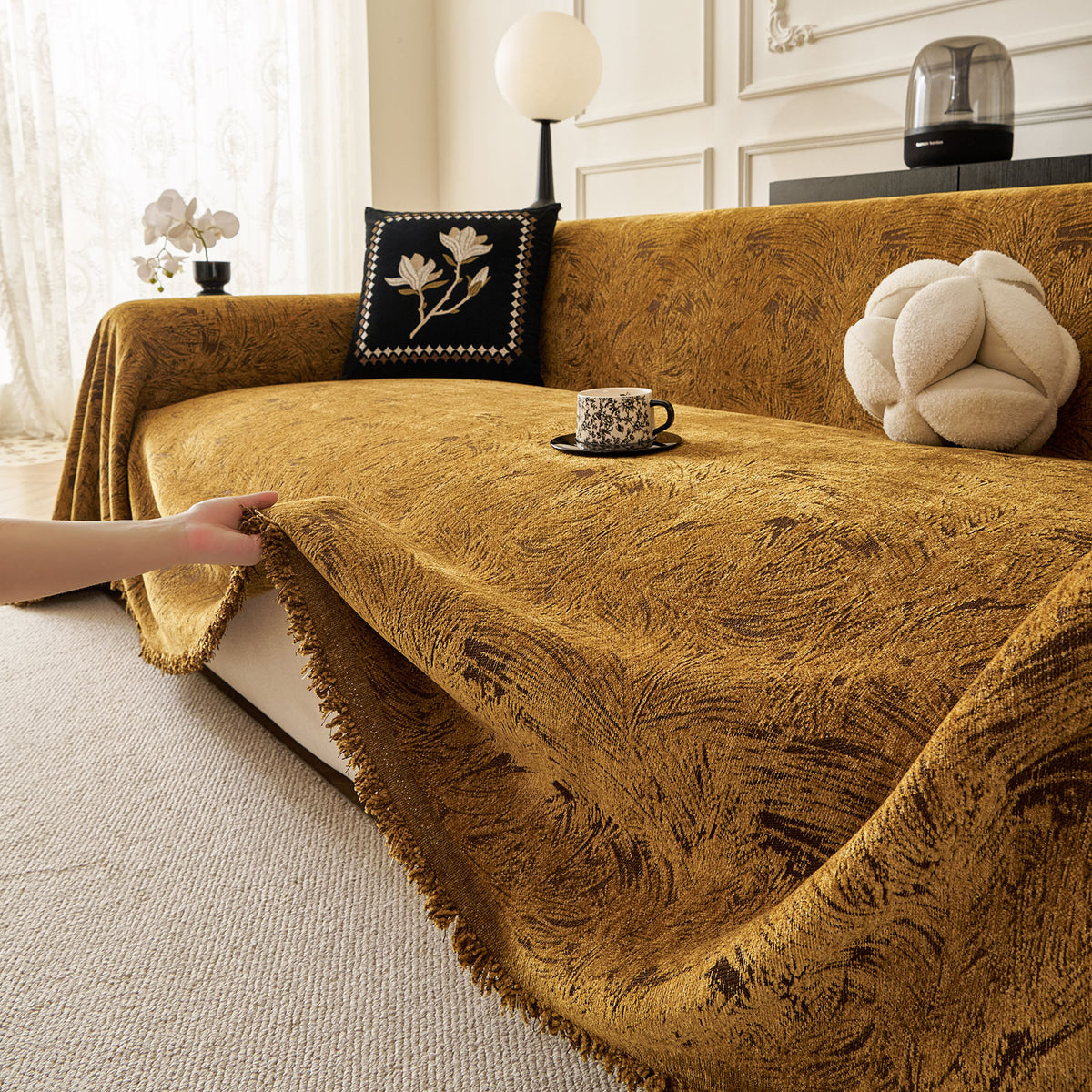 Abstract Feather Chenille Sofa Throw Cover, Decorative Washable Durable Couch Cover